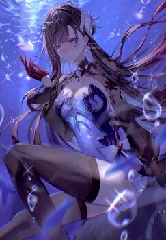 1girl absurdres air_bubble black_hair black_thighhighs blue_dress blue_eyes breasts bubble cleavage commentary_request dress earrings gloves highres honkai:_star_rail honkai_(series) hysilens_(honkai:_star_rail) jewelry large_breasts long_hair looking_at_viewer nukoxx_02 pearl_earrings red_gloves shrug_(clothing) solo thighhighs thighs underwater very_long_hair