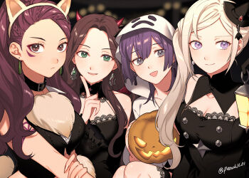 4girls :d alternate_costume animal_ear_hairband animal_ears bare_shoulders bernadetta_von_varley black_choker black_shirt blush braid breasts brown_eyes brown_hair cat_ear_hairband cat_ears choker cleavage closed_mouth collar collarbone demon_girl demon_horns demon_wings dorothea_arnault earrings edelgard_von_hresvelg facial_mark fake_animal_ears fake_horns fire_emblem fire_emblem:_three_houses fur_trim ghost_costume green_eyes grey_eyes hairband halloween halloween_costume hat highres holding holding_pumpkin hood hood_up horns jack-o&#039;-lantern jewelry lantern large_breasts long_hair looking_at_viewer medium_breasts multiple_girls nintendo official_alternate_hairstyle open_mouth petra_macneary ponytail pumpkin purple_eyes purple_hair shamu_(peach11_01) shirt short_hair side_ponytail simple_background sleeveless smile tilted_headwear upper_body white_hair wings witch witch_hat
