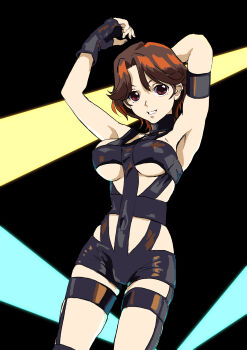 Rule 34 | 1girl, absurdres, arm strap, black background, black gloves, breasts, brown eyes, cosplay, fingerless gloves, gloves, highres, hot limit, isumi michiru, legna1113, looking at viewer, medium breasts, muv-luv, muv-luv alternative, parted lips, revealing clothes, short hair, skindentation, smile, solo, t.m.revolution