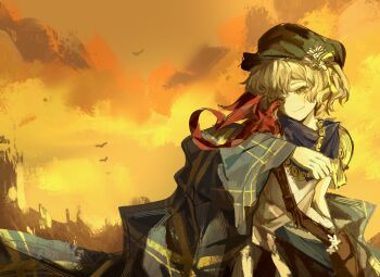 Rule 34 | 1girl, ;), armor, bag, blonde hair, blue coat, blue neckerchief, brown bag, brume (reverse:1999), chinese commentary, coat, commentary request, dragon, dragon on shoulder, freckles, gradient sky, green hat, hat, highres, looking at creature, neckerchief, one eye closed, orange sky, reverse:1999, short hair, shoulder armor, shoulder bag, simple bird, sky, small dragon, smile, solo, tank top, turning head, twilight, upper body, white tank top, yellow sky, youmo yinzi