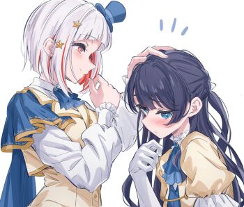 Rule 34 | 2girls, ascot, averting eyes, blue ascot, blue capelet, blue eyes, blue hat, blush, capelet, closed mouth, colored inner hair, commentary, elbow gloves, embarrassed, frilled sleeves, frills, gloves, hana sakeba yume kakeru, hat, headpat, highres, jacket, long sleeves, looking at another, looking down, love live!, love live! hasu no sora jogakuin school idol club, love live! hasu no sora jogakuin school idol club bloom garden party, mini hat, mini top hat, multicolored hair, multiple girls, murano sayaka, muya 4221, notice lines, pink eyes, profile, puffy short sleeves, puffy sleeves, red hair, red streaks, short-sleeved jacket, short sleeves, side cape, simple background, sleeveless, sleeveless jacket, smile, streaked hair, tilted headwear, top hat, upper body, virtual youtuber, white background, white gloves, yellow jacket, yugiri tsuzuri