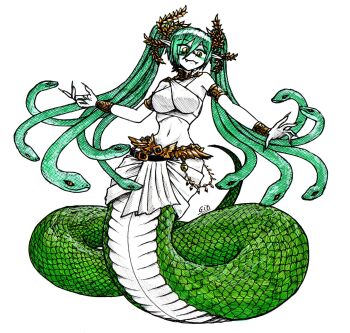 1girl :3 ancient_greek_clothes belt breasts chain closed_mouth clothing_request commentary crop_top double-parted_bangs english_commentary fangs fingernails gin_ichimaru72 gold_armband gold_belt gold_collar gold_wrist_cuffs greco-roman_clothes green_hair hair_between_eyes hatsune_miku highres lamia laurels long_fingernails looking_at_viewer medium_breasts midriff monster_girl monsterification navel pale_skin pointy_ears red_eyes scales simple_background snake_hair solo twintails very_long_fingernails vocaloid white_background white_pelvic_curtain