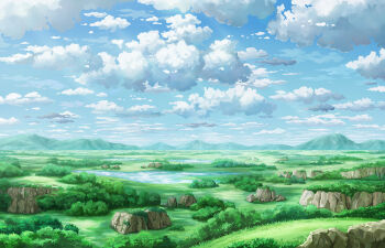 blue_sky chinese_commentary cloud cloudy_sky commentary_request day landscape meadow mountainous_horizon nature no_humans original outdoors scenery sky yamaneko2001