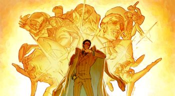 1boy absurdres black_hair black_shirt coat coat_on_shoulders facial_hair fighting_stance formal_clothes goatee hand_in_pocket highres kizaru_(one_piece) male_focus mustache_stubble necktie one_piece photokinesis puffer_fluffer red_necktie shirt short_hair sideburns smile sparkle stubble suit sunglasses variations yellow_background yellow_suit yellow_theme