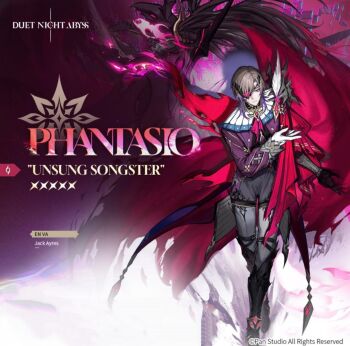 1boy blonde_hair duet_night_abyss formal_clothes full_body japanese_text long_hair looking_at_viewer phantasio_(duet_night_abyss) purple_suit serious suit