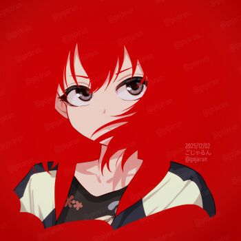 1girl blending closed_mouth commentary_request cropped_shoulders dated gojarun grey_eyes highres idolmaster idolmaster_cinderella_girls looking_to_the_side murakami_tomoe red_background red_hair serious shirt sideways_glance simple_background solo twitter_username watermark