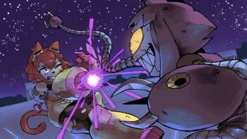 1boy 2girls absurdres animal_ears arm_cannon brown_hair cat_ears cat_girl cat_tail clenched_teeth colored_sclera dress evil_grin evil_smile fighting gameoverse gauntlets goggles goggles_on_head grin highres kaboodle_(gameoverse) kit_bodega malice_(gameoverse) multiple_girls one-eyed one_eye_closed orly_custer purple_eyes sharp_teeth sky sleeveless sleeveless_dress smile star_(sky) starry_sky tail teeth weapon whiskers yellow_dress yellow_gauntlets yellow_sclera