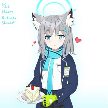 1girl abydos_high_school_logo animal_ear_fluff animal_ears aqua_necktie aqua_scarf azurefetters birthday black_skirt blue_archive blue_background blue_eyes blue_halo blue_jacket blush breast_pocket bright_pupils cake commentary_request cowboy_shot cross cross_hair_ornament dated ear_piercing english_text food fork fruit gloves gradient_background green_gloves grey_hair hair_ornament halo happy_birthday heart highres holding holding_plate id_card inverted_cross jacket long_sleeves looking_at_viewer medium_hair mismatched_pupils necktie open_clothes open_jacket piercing plaid_clothes plaid_skirt plate pleated_skirt pocket scarf shiroko_(blue_archive) shirt sidelocks simple_background skirt smile solo strawberry striped_clothes striped_scarf white_background white_pupils white_shirt wolf_ears