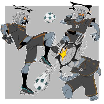 1boy abs alternate_costume black_gloves black_nails black_socks blue_skin border cleats closed_mouth clothing_cutout colored_skin commentary_request cropped_legs crossed_bangs ggstmrv glove_cutout gloves grey_hair grin guilty_gear guilty_gear_strive halo happy_chaos headbutt male_focus middle_finger midriff_peek motion_lines multiple_views nail_polish orange-tinted_eyewear playing_sports short_sleeves single_glove smile soccer_uniform socks spiked_halo sportswear standing standing_on_one_leg teeth tinted_eyewear v-neck white_border