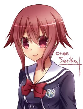 1girl blush bow chaos;child character_name closed_mouth collarbone hair_between_eyes highres long_hair long_sleeves looking_at_viewer nishijou_myu onoe_serika pink_eyes pink_hair red_bow sailor_collar school_uniform science_adventure shiny_lips short_hair simple_background smile solo upper_body white_background