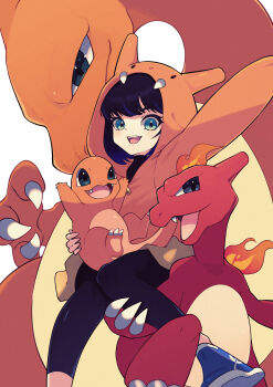 1girl absurdres arm_up black_hair black_pants blue_shoes charizard charmander charmeleon claws commentary_request evolutionary_line eyelashes fire flame-tipped_tail gen_1_pokemon green_eyes highres looking_at_viewer nintendo open_mouth pants pokemon pokemon_(creature) shoes sneakers tail u_tei white_background