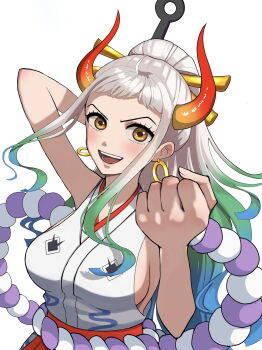 1girl aqua_hair breasts earrings hair_ornament highres hoop_earrings horns japanese_clothes jewelry kimono large_breasts long_hair one_piece open_mouth orange_eyes rope shimenawa sideboob sidelocks simple_background sleeveless sleeveless_kimono smile solo white_background white_hair white_kimono yamato_(one_piece)