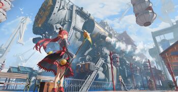 1boy 1girl absurdres ata-zhubo bench bird blonde_hair cloud commentary corset crane_(machine) crop_top dress dungeon_and_fighter enchantress_(dungeon_and_fighter) female_fighter_(dungeon_and_fighter) female_mage_(dungeon_and_fighter) from_below fur_collar hair_lift hat highres holding holding_scythe lamppost leaning_back long_hair mini_hat mini_top_hat red_eyes red_hair scythe sky smoke solo_focus spiked_hair standing suitcase symbol-only_commentary top_hat train train_station_platform wide_shot wide_sleeves