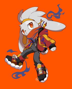 bright_pupils clothed_pokemon commentary_request full_body gen_8_pokemon grey_fur highres jacket kamota_kamosuke legs_apart long_sleeves looking_up nintendo no_humans open_clothes open_jacket orange_background orange_eyes pokemon pokemon_(creature) pokemon_focus raboot shoes simple_background sneakers solo white_pupils zipper