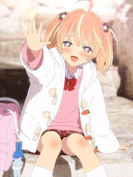 +_+ 1girl 3d ahoge arm_at_side artist_request bag bag_charm blender_(medium) blonde_hair blurry blurry_background blush bow bowtie bright_pupils carrot cel_rendering charm_(object) collared_shirt commentary_request cowboy_shot day dot_nose flower hair_flower hair_ornament highres hood hoodie kneehighs long_sleeves looking_at_viewer medium_hair miniskirt multicolored_eyes multicolored_hair open_clothes open_hand open_hoodie open_mouth orange_hair outdoors outstretched_arm pink_bag pink_eyes pink_sweater plaid_clothes plaid_skirt purple_eyes red_bow red_bowtie red_skirt rinne_(rinrinne) rinrinne school_bag school_uniform shirt sitting skirt smile socks solo streaked_hair sweater two_side_up virtual_youtuber waving white_hoodie white_pupils white_shirt white_socks