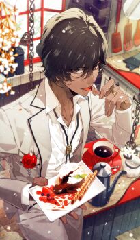 1boy arjuna_(fate) arjuna_(fondant_au_chocolat)_(fate) bespectacled black_bolo_tie blazer bolo_tie brown_eyes brown_hair chocolate_lady_no_karasawagi coffee_mug coffee_pot collarbone collared_shirt commentary corsage cowboy_shot cup dark-skinned_male dark_skin dress_shirt earrings fate/grand_order fate_(series) flower flower_request food_on_hand food_request formal_clothes from_above glasses gold_ring grey_jacket grey_pants grey_suit hanamura_mai holding holding_plate indoors jacket jewelry lava_cake licking licking_finger licking_own_finger looking_at_viewer male_focus mug official_art pants petals plate red_flower ring saucer shirt short_hair solo suit third-party_source tongue tongue_out white_flower white_shirt
