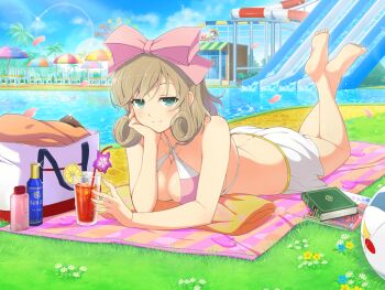1girl arm_support ass bag barefoot bikini bikini_skirt blue_sky blush book bow breasts brown_hair building butt_crack cleavage closed_mouth cobblestone collarbone cup curled_ends curly_hair day drink drinking_glass flower food fruit grass green_eyes hair_bow half-closed_eyes haruka_(senran_kagura) heart heart_print hibiscus ice ice_cube large_breasts lemon lemon_slice looking_at_viewer lotion lotion_bottle lying magazine_(object) median_furrow medium_hair multicolored_bikini on_stomach outdoors palm_tree path pillow pink_bikini pink_bow pool poolside print_towel purple_flower road robot senran_kagura senran_kagura_new_link sky slide smile solo sunscreen swept_bangs swimsuit the_pose towel tree two-tone_bikini umbrella water water_slide waterpark white_bikini