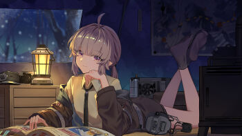 1girl absurdres ahoge beret black_hat black_necktie black_socks book brown_hair brown_jacket cheyanne_(girls'_frontline_2) chinese_commentary closed_mouth commentary_request ear_protection earphones full_body girls'_frontline girls'_frontline_2:_exilium hat highres humugo jacket lamp legs_up light_smile looking_at_viewer lying m200_(girls'_frontline) map necktie off_shoulder on_stomach open_clothes open_jacket purple_eyes shirt smile socks solo tent_interior unworn_headwear yellow_shirt
