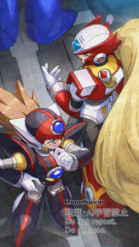 Rule 34 | 3boys, armor, axl (mega man), black armor, blonde hair, blue eyes, brown hair, chest jewel, cross scar, forehead jewel, from above, green eyes, helmet, long hair, male focus, mega man (series), mega man x (series), multiple boys, red armor, red helmet, scar, scar on face, smug, spiked hair, standing, x (mega man), yamanashi taiki, zero (mega man)