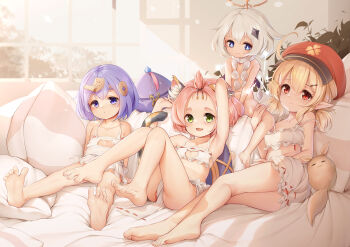 4girls an-telin animal_ear_fluff animal_ears blonde_hair blue_eyes bright_pupils cat_cutout cat_ears cat_lingerie cat_tail cleavage_cutout clothing_cutout diona_(genshin_impact) dodoco_(genshin_impact) feet female_focus full_body genshin_impact green_eyes hair_ornament halo indoors jiangshi klee_(genshin_impact) loli looking_at_viewer mechanical_halo multiple_girls nude paimon_(genshin_impact) pink_hair pointy_ears purple_eyes purple_hair purple_headwear qiqi_(genshin_impact) red_eyes red_headwear smile spread_toes tail toes underwear underwear_only white_hair white_pupils