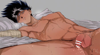 1boy bandaged_arm bandages black_hair hiei4455 hiei_(yu_yu_hakusho) male_focus nude penis simple_background solo spiked_hair sweat third_eye