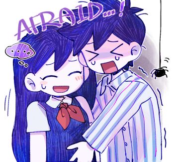 Rule 34 | ..., 1boy, 1girl, antenna hair, bug, closed eyes, collared pajamas, collared shirt, colored skin, commentary request, double-parted bangs, english text, hair between eyes, hero (headspace) (omori), hero (omori), long hair, long sleeves, mari (headspace) (omori), mari (omori), neckerchief, omori, open mouth, pajamas, purple hair, purple sweater vest, rasu (pixiv9799832), red neckerchief, shirt, short hair, short sleeves, speech bubble, spider, spoken ellipsis, striped clothes, striped pajamas, sweatdrop, sweater vest, tearing up, thought bubble, vertical-striped clothes, vertical-striped pajamas, white pajamas, white shirt, white skin