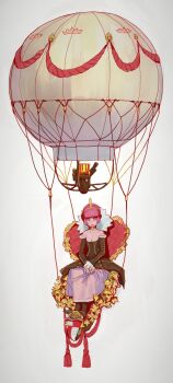 1girl absurdres adventure_time aircraft black_dress boots breasts cleavage diadem dress highres hot_air_balloon lipstick long_sleeves looking_at_viewer makeup mole mole_on_shoulder mossacannibalis off-shoulder_dress off_shoulder parted_lips pink_hair pink_lips princess_bonnibel_bubblegum red_eyes simple_background sitting smile solo throne white_background