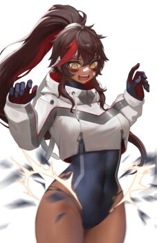 1girl arc2urus bandaid bandaid_on_cheek bandaid_on_face bandaid_on_nose blue_bodysuit blue_leotard bodysuit breasts brown_hair commentary constricted_pupils covered_navel cowboy_shot cropped_jacket dark-skinned_female dark_skin english_commentary facial_mark gloves gluteal_fold hair_between_eyes hands_up headband high_ponytail jacket juliette_(omega_strikers) leotard long_hair looking_at_viewer medium_breasts multicolored_hair omega_strikers open_mouth ponytail sidelocks simple_background solo standing streaked_hair surprised sweatdrop torn_bodysuit torn_clothes very_long_hair wardrobe_malfunction white_background white_hair white_jacket yellow_eyes zipper zipper_pull_tab