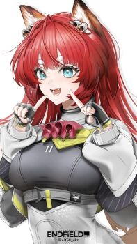 Rule 34 | 1girl, akekuri (arknights), animal ears, arknights, arknights: endfield, black gloves, blue eyes, breasts, commentary request, fingerless gloves, gloves, hands up, large breasts, long hair, long sleeves, looking at viewer, open mouth, puffy long sleeves, puffy sleeves, red hair, simple background, solo, thick eyebrows, white background, yokaze (yokajie)