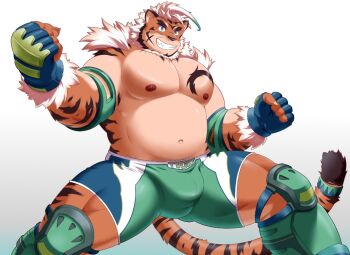 1boy ahoge animal_ears bara beard belly blue_eyes blush bulge clenched_hands facial_hair feet_out_of_frame forked_eyebrows full_beard furry furry_male grin hazama_jin hombre_tigre_(housamo) large_pectorals looking_at_viewer male_focus muscular muscular_male navel nipples pectorals short_hair smile solo spread_legs standing stomach strongman_waist thick_beard thick_eyebrows thick_thighs thighs tiger_boy tiger_ears tokyo_houkago_summoners topless_male white_hair wrestling_outfit