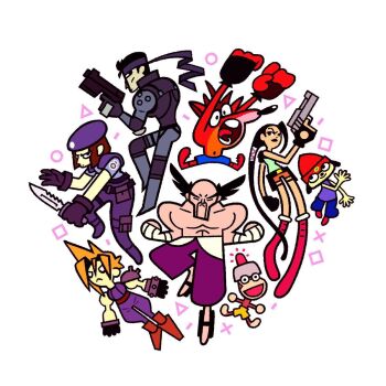 2girls 6+boys anniversary bandana bare_shoulders beanie belt beret black_hair blue_pants bodysuit boots braid brown_gloves brown_hair circle clenched_hands cloud_strife combat_knife crash_bandicoot crash_bandicoot_(series) dog_boy facial_hair final_fantasy final_fantasy_vii fingerless_gloves full_body furry furry_male game_console geta gloves grey_bodysuit gun hakama hakama_skirt handgun hat helmet highres holster japanese_clothes jill_valentine knife lara_croft long_hair looking_at_viewer male_focus metal_gear_(series) mishima_heihachi monkey multiple_boys multiple_girls muscular muscular_male mustache pants parappa parappa_the_rapper playstation_1 pointy_hair red_footwear resident_evil resident_evil_1 s.t.a.r.s._uniform sandals saru_getchu scar sfbdim shoes shorts simple_background skirt solid_snake solo square tank_top tekken thigh_holster tomb_raider tongue toon_(style) topless_male triangle vambraces weapon white_background x_(symbol)