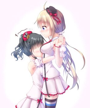 2girls absurdres ahoge aunt_and_niece beret black_hair black_hat black_thighhighs blonde_hair blue_eyes blush bow bracelet breast_press breasts closed_mouth commentary detached_sleeves dress face_to_breasts faceless faceless_female from_side getsuyoshi hand_up hat hat_ornament hat_ribbon highres hug idol idol_clothes incest itsumura_haruka itsumura_yukari jewelry lace lace_pantyhose lace_sleeves long_hair medium_breasts multiple_girls necktie nose_blush plaid_clothes plaid_necktie plaid_ribbon profile re:stage! red_bow red_hat red_necktie red_ribbon ribbon short_hair short_sleeves sidelocks sleeveless sleeveless_dress thighhighs translated very_long_hair white_dress yuri zettai_ryouiki