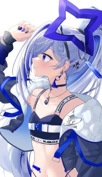 Rule 34 | 1girl, absurdres, amane kanata, amane kanata (lock on), black nails, blue nails, braid, choker, commentary, crop top, cropped jacket, earrings, flat chest, grey hair, hairband, halo, highres, hololive, jacket, jewelry, long hair, midriff, multicolored nails, nail polish, navel, official alternate costume, ponytail, ponzakuro0116, purple eyes, purple nails, simple background, smile, solo, star halo, virtual youtuber, white background