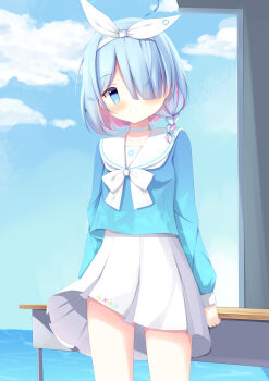 1girl absurdres arona_(blue_archive) blue_archive blue_eyes blue_hair blue_shirt blue_sky blush bow braid choker closed_mouth cloud collarbone commentary_request day desk hair_over_one_eye hair_ribbon hairband highres long_sleeves looking_at_viewer multicolored_hair pink_hair pleated_skirt puffy_long_sleeves puffy_sleeves ribbon sailor_collar school_desk school_uniform serafuku shiraame shirt skirt sky smile solo white_bow white_choker white_ribbon white_sailor_collar white_skirt