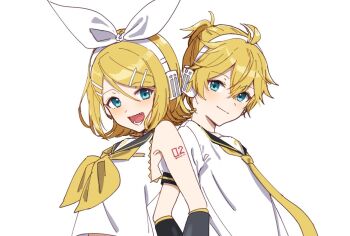 1boy 1girl :d androgynous aqua_eyes arched_back armpits back-to-back bare_shoulders bass_clef black_sailor_collar black_sleeves blonde_hair blue_eyes bow breasts brother_and_sister cel_shading crossed_arms detached_sleeves fang hair_bow hair_ornament hairclip headphones headset jam_(zamuchi) kagamine_len kagamine_rin looking_at_viewer midriff_peek neckerchief necktie number_tattoo open_mouth ponytail sailor_collar sailor_shirt shirt short_ponytail short_sleeves shoulder_tattoo siblings sideways_glance skinny sleeveless sleeveless_shirt small_breasts smile swept_bangs tattoo treble_clef twins upper_body vocaloid white_bow yellow_neckerchief yellow_necktie