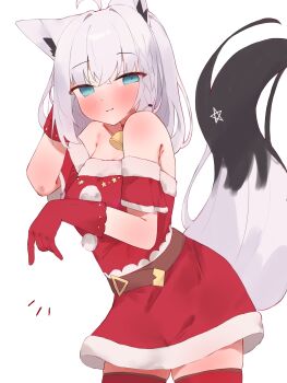 1girl absurdres ahoge alternate_costume animal_ears blue_eyes choker closed_mouth commentary_request dress fox_ears fox_girl fox_tail fur-trimmed_dress fur_trim gloves highres hololive long_hair red_choker red_dress red_gloves red_thighhighs santa_costume santa_dress shirakami_fubuki solo tail tepenchi thighhighs virtual_youtuber white_background white_hair