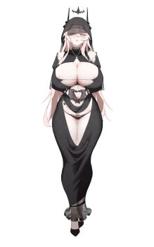 1girl absurdres alternate_breast_size_(larger) alternate_costume areola_slip arknights bare_shoulders black_bra black_dress black_gloves black_panties black_shoes blonde_hair blush bra breasts center_opening detached_sleeves dress female_pubic_hair full_body gloves gluteal_fold highres horns huge_breasts jewelry long_hair long_sleeves looking_at_viewer micro_bra navel necklace own_hands_together panties parted_lips pubic_hair red_eyes see-through_clothes shoes simple_background solo standing theresa_(arknights) thigh_gap underwear veil very_long_hair white_background wristband yat_(tsmn7245)