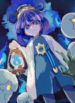 1girl belt black_dress black_hair bob_cut coat dress from_below gen_5_pokemon gloves gwynn_(pokemon) hat kurukuruni00 lantern litwick long_sleeves nintendo o-ring o-ring_belt open_clothes pantyhose partially_fingerless_gloves pokemon pokemon_legends:_z-a purple_eyes purple_hair short_hair solo white_coat