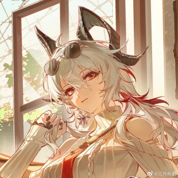 1girl ahoge black_horns black_nails closed_mouth clothing_cutout curled_horns dress earrings eyewear_on_head fingernails grey_dress grey_hair hair_between_eyes highres horns indoors jewelry long_hair mole mole_under_eye multicolored_hair nail_polish necktie red_eyes red_necktie sanyue_qiushi shoulder_cutout solo streaked_hair sunglasses sweater sweater_dress wuthering_waves zani_(downtown_repose)_(wuthering_waves) zani_(wuthering_waves)