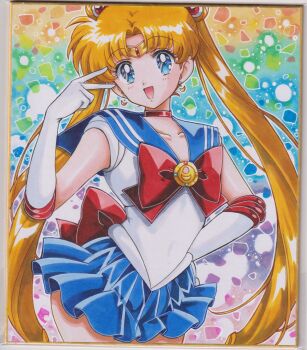 1girl :d absurdres back_bow bishoujo_senshi_sailor_moon blonde_hair blue_sailor_collar blue_skirt bow bowtie brooch chikoto_(kztc4472) choker circlet collarbone colorful_background commentary cowboy_shot double_bun earrings elbow_gloves gloves hair_bun hair_ornament hand_on_own_hip hand_up highres jewelry long_hair looking_at_viewer magical_girl miniskirt open_mouth photo_(medium) pleated_skirt red_bow red_bowtie red_choker sailor_collar sailor_moon sailor_senshi_uniform shirt skirt sleeveless sleeveless_shirt smile solo traditional_media tsukino_usagi twintails v white_gloves white_shirt