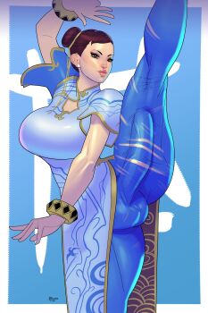 1girl absurdres art_mein blue_leggings bracelet breasts brown_eyes brown_hair capcom china_dress chinese_clothes chun-li commentary covered_penis covered_testicles double_bun dress english_commentary futanari hair_bun highres jewelry large_breasts leggings looking_to_the_side signature split standing standing_on_one_leg standing_split street_fighter street_fighter_6 white_dress