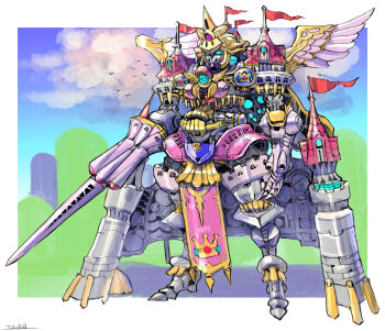 castle cloud crown_print flag flock highres holding holding_weapon lance mario_(series) mecha mechanization nintendo no_humans oomasa_teikoku pelvic_curtain polearm princess_peach princess_peach's_castle robot sky weapon