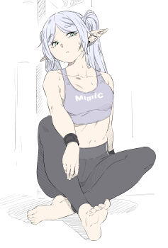 Rule 34 | 1girl, absurdres, barefoot, black leggings, black pants, bracelet, collarbone, commentary request, contemporary, english text, feet, frieren, full body, green eyes, grey sports bra, highres, jewelry, knee up, leggings, long hair, looking at viewer, mangpum (taro109210), midriff, pants, parted bangs, parted lips, partial commentary, pointy ears, sitting, soles, solo, sousou no frieren, sports bra, sweat, thick eyebrows, toes, twintails, white background