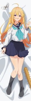 1girl absurdres ahoge aqua_neckerchief baseball_bat black_socks blonde_hair blue_sailor_collar blue_skirt commentary_request dakimakura_(medium) full_body highres hino_minami_high_school_uniform koshi_torako long_hair long_sleeves looking_at_viewer lying merchandise_available nail_(hardware) nail_bat neckerchief no_shoes official_art on_back open_mouth pleated_skirt purple_eyes sailor_collar school_uniform serafuku shikanoko_nokonoko_koshitantan shirt skirt smile socks solo white_background white_shirt