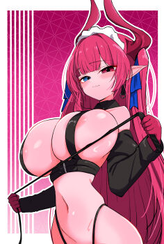 1girl absurdres azur_lane bare_shoulders black_panties blue_eyes blue_ribbon blush breasts commentary_request demon_girl demon_horns detached_sleeves hair_ribbon half-closed_eyes hands_up heterochromia highleg highleg_panties highres holding holding_whip horns large_breasts long_hair looking_at_viewer mecklenburg_(azur_lane) mecklenburg_(branding_witchcraft)_(azur_lane) navel nipples oha_(oha_h22) panties pink_eyes pink_hair revealing_clothes ribbon smile solo underwear very_long_hair