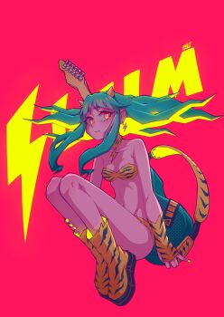 Rule 34 | 1girl, absurdres, animal print, bikini, breasts, character name, cone horns, full body, fur bikini, green hair, hej 510, highres, horns, long hair, lum, medium breasts, navel, oni, orange eyes, small horns, solo, strapless, strapless bikini, swimsuit, tiger panties, tiger print, urusei yatsura