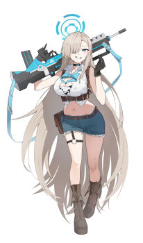 1girl absurdres animal_print assault_rifle asuna_(blue_archive) black_gloves blonde_hair blue_archive blue_bow blue_bowtie blue_eyes blue_halo blue_shorts blush boots bow bowtie breasts brown_boots bullpup chest_harness choker cleavage commentary_request cow_print famas finger_heart full_body fur-trimmed_shorts fur_trim gloves grin gun hair_over_one_eye halo harness highres holding holding_gun holding_weapon jjigong_chigon large_breasts long_hair looking_at_viewer mole mole_on_breast navel o-ring o-ring_thigh_strap rifle shirt shorts sleeveless sleeveless_shirt smile solo thigh_strap very_long_hair waist_bag weapon white_shirt