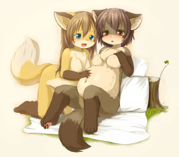 Rule 34 | 2girls, animal ears, animal hands, aqua eyes, barefoot, blush, fang, feet, fox, fox ears, fox tail, furry, grass, kagerofu, kneeling, multiple girls, nipples, nude, outdoors, pawpads, pillow, pregnant, sitting, smile, soles, tail, toes, tree stump, zenra