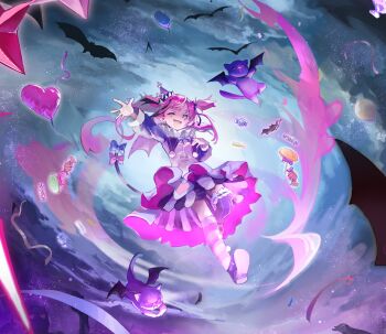 1girl ;3 arm_up asymmetrical_legwear balloon bat_(animal) bat_wings black_hair black_ribbon camila_(cami_3.0)_(vtuber) camila_(vtuber) candy cimp_(camila_(vtuber)) cloud collar confetti eyelashes facial_mark food frilled_collar frilled_skirt frills full_body hair_ribbon hat hat_ribbon heart_balloon in0ria indie_virtual_youtuber lollipop long_sleeves mismatched_legwear multicolored_hair one_eye_closed open_mouth party_hat pink_hair pom_pom_(clothes) purple_eyes purple_hat purple_shoes ribbon sharp_teeth shirt shoes skirt smile streaked_hair swirl_lollipop teeth triangle triangle_facial_mark two_side_up upper_teeth_only virtual_youtuber white_hair white_ribbon white_shirt wings wrapped_candy