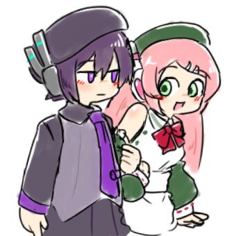 2girls apron arm_hug beret detached_sleeves dress green_dress green_eyes hat momone_momo multiple_girls purple_eyes robot_ears saruyama_ushirou shirt sleeveless utane_uta utau